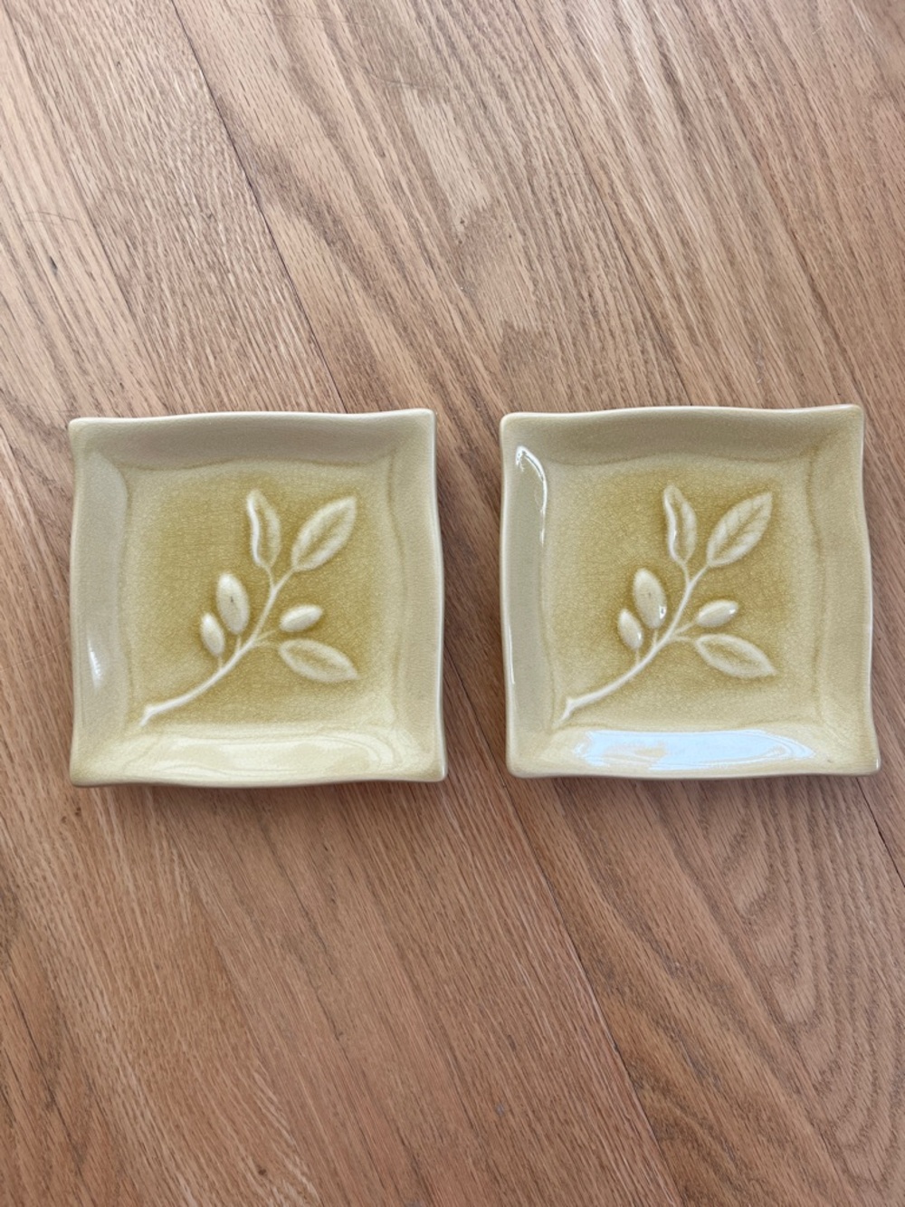 Tag Ceramic Square Dishes with Olive Branch Motif in Soft Yellow